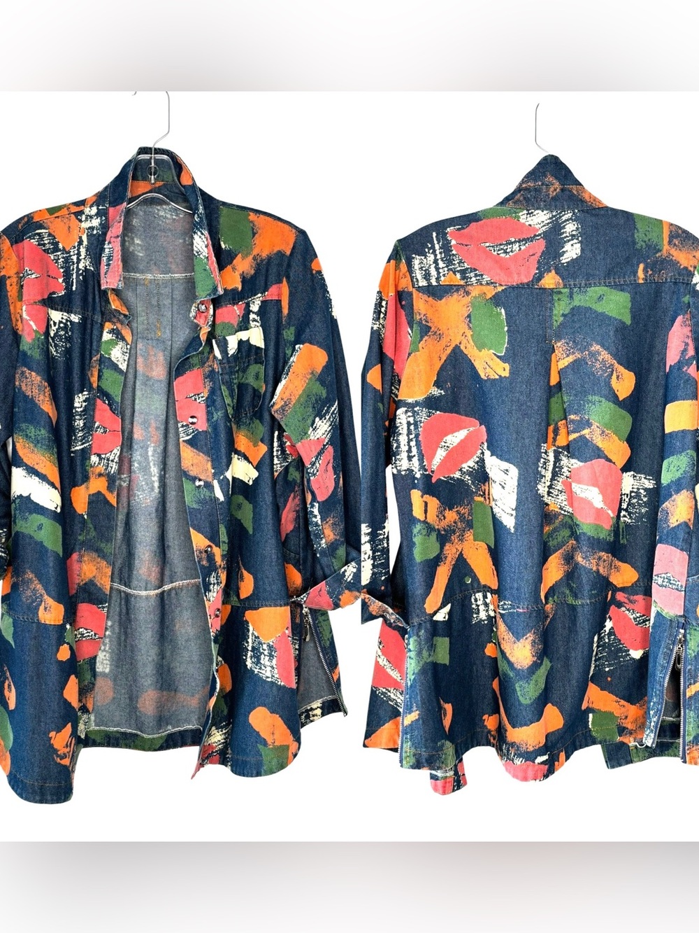 Zi Xuan Abstract Lip Print Denim Shirt Jacket Blue Orange Green Womens S-M